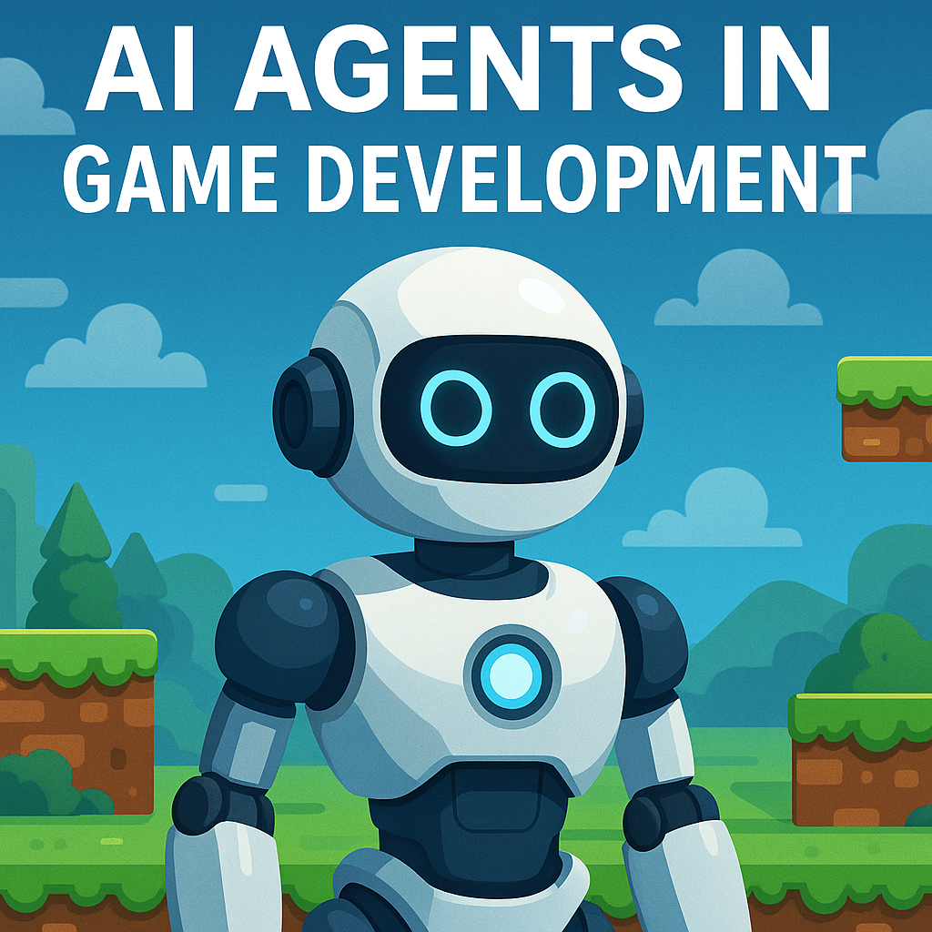 "AI Agents in Game Development illustrated with a humanoid robot standing in a colorful pixelated game world background.
