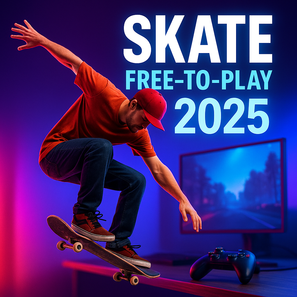 Skate free-to-play 2025 promotional image of skateboarder mid-trick in front of gaming setup with neon lights