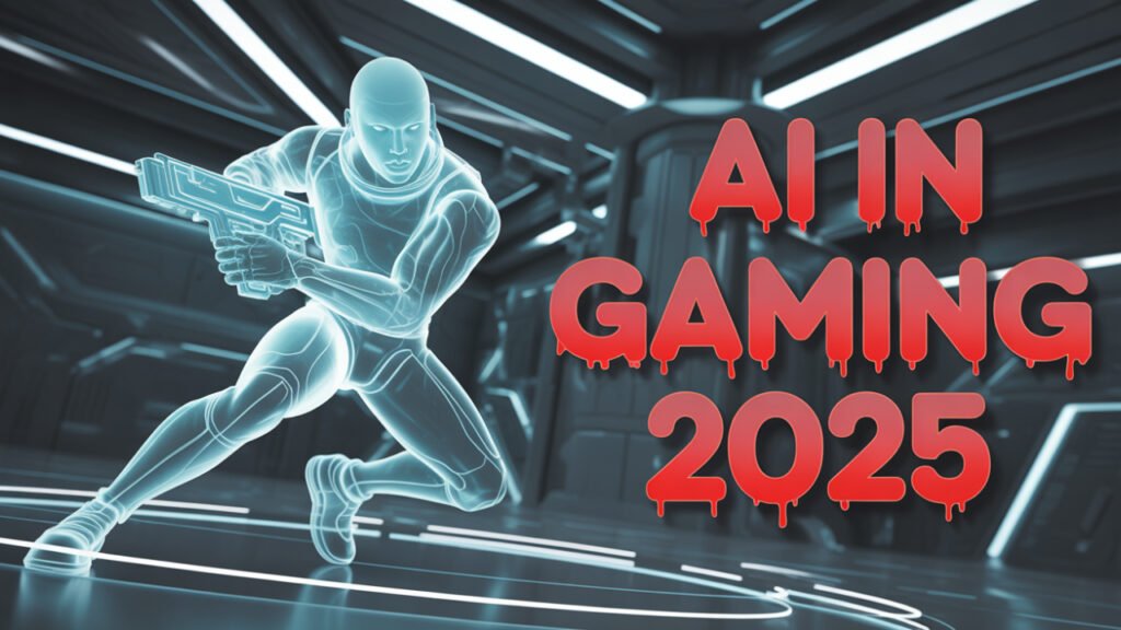 "AI in Gaming 2025 illustration showing a gamer using VR headset with artificial intelligence and fitness technology integration"