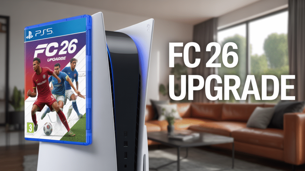 Screenshot of the FC 26 PS5 game cover promoting an easy, frugal gaming upgrade.