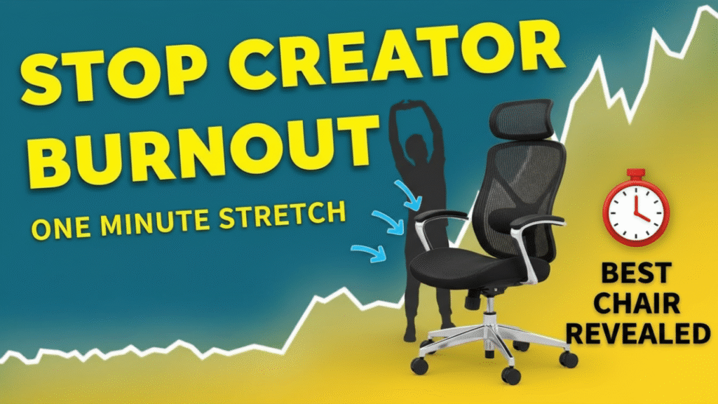 Blender UGC Tutorial image showing a creator's arm being injected with creativity next to the FreePlay Sentinel Ergonomic Chair.